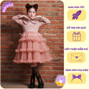 [𝐇𝐎̉𝐀 𝐓𝐎̂́𝐂][Sẵn 10-50kg] Váy đầm xoè công chúa thiết kế nhung kim sa hồng mặc Tết sang chảnh - Tuna House For Princess