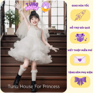 [𝐇𝐎̉𝐀 𝐓𝐎̂́𝐂] [Sẵn 9-40kg] Váy đầm xoè công chúa thiết kế cho bé gái ngực chéo trắng cá tính - Tuna House For Princess