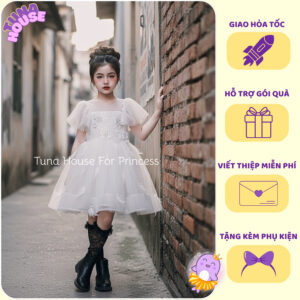 [𝐇𝐎̉𝐀 𝐓𝐎̂́𝐂] [Sẵn 9-50kg] Váy đầm xoè công chúa thiết kế cho bé gái mix lông và hoa bướm xinh  - Tuna House For Princess