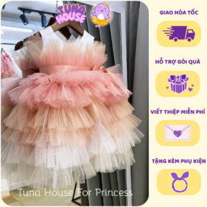 [𝐇𝐎̉𝐀 𝐓𝐎̂́𝐂] [Sẵn 7-40kg] Váy đầm xoè công chúa thiết kế cho bé gái tầng hồng ombre vintage - Tuna House For Princess