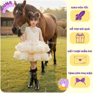 [𝐇𝐎̉𝐀 𝐓𝐎̂́𝐂] [Sẵn 9-40kg] Váy đầm xoè công chúa thiết kế cho bé gái ngực chéo tùng xòe màu be - Tuna House For Princess