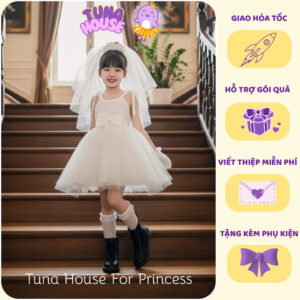 [𝐇𝐎̉𝐀 𝐓𝐎̂́𝐂] [Sẵn 7-40kg] Váy đầm xoè công chúa thiết kế cho bé gái 2 dây đính hạt trắng cute - Tuna House For Princess