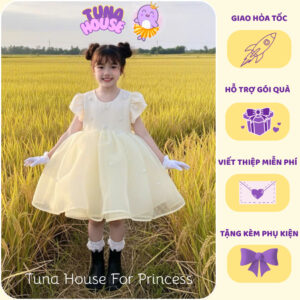 [𝐇𝐎̉𝐀 𝐓𝐎̂́𝐂] [Sẵn 7-40kg] Váy đầm xoè công chúa thiết kế cho bé gái kem vàng bồng bềnh - Tuna House For Princess