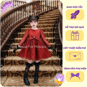 [𝐇𝐎̉𝐀 𝐓𝐎̂́𝐂] [Sẵn 9-40kg] Váy đầm xoè công chúa thiết kế cho bé gái dài tay kim sa màu đỏ Noel giáng sinh