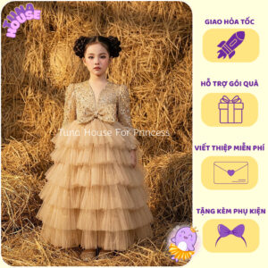 [𝐇𝐎̉𝐀 𝐓𝐎̂́𝐂] [Sẵn 8-45kg] Váy đầm xoè công chúa thiết kế cho bé gái tay dài kim sa tầng màu be - Tuna House For Princess