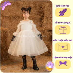 [Sẵn size 9-40kg] Váy đầm xoè công chúa thiết kế cho bé gái làm phù dâu tay dài nhún bèo xinh - Tuna House For Princess