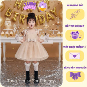 [𝐇𝐎̉𝐀 𝐓𝐎̂́𝐂][Sẵn 7-40kg] Váy đầm xoè công chúa thiết kế cho bé gái nâu tây buộc dây - Tuna House For Princess