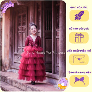 [𝐇𝐎̉𝐀 𝐓𝐎̂́𝐂][Sẵn 10-50kg] Váy đầm xoè công chúa thiết kế kim sa đỏ mặc Tết sang chảnh - Tuna House For Princess