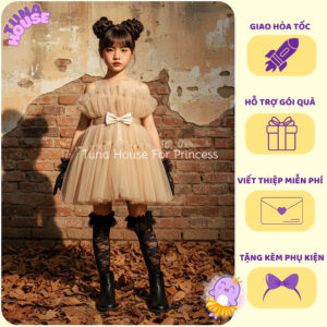 [𝐇𝐎̉𝐀 𝐓𝐎̂́𝐂] [Sẵn 7-40kg] Váy đầm xoè công chúa thiết kế cho bé gái nâu be xếp ngực vintage - Tuna House For Princess