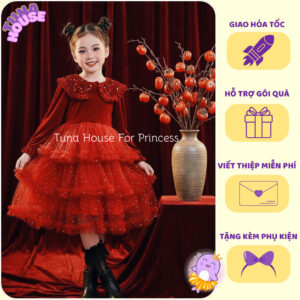 [𝐇𝐎̉𝐀 𝐓𝐎̂́𝐂][Sẵn 10-50kg] Váy đầm xoè công chúa thiết kế nhung kim sa đỏ lấp lánh mặc Tết - Tuna House For Princess