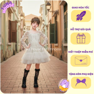 [𝐇𝐎̉𝐀 𝐓𝐎̂́𝐂][Sẵn 10-50kg] Váy đầm xoè công chúa thiết kế cho bé gái ren 3D tay dài cổ điển - Tuna House For Princess