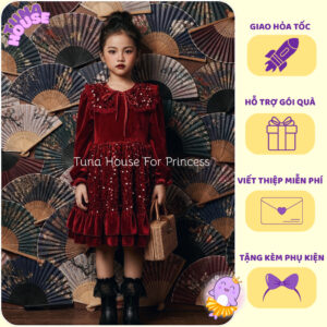 [𝐇𝐎̉𝐀 𝐓𝐎̂́𝐂][Sẵn 10-50kg] Váy đầm xoè công chúa thiết kế nhung kim sa đỏ mặc Tết choàng rời - Tuna House For Princess