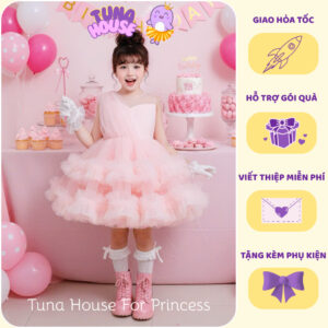 [𝐇𝐎̉𝐀 𝐓𝐎̂́𝐂] [Sẵn 9-40kg] Váy đầm xoè công chúa thiết kế cho bé lệch vai nhún bèo siêu bồng - Tuna House For Princess