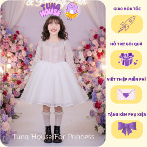 [𝐇𝐎̉𝐀 𝐓𝐎̂́𝐂][Sẵn 7-40kg] Váy đầm xoè công chúa thiết kế cho bé gái ren tay dài siêu bồng bềnh - Tuna House For Princess