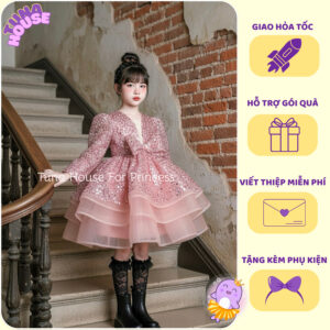 [𝐇𝐎̉𝐀 𝐓𝐎̂́𝐂] [Sẵn 9-40kg] Váy đầm xoè công chúa thiết kế cho bé gái tay dài kim sa bồng bềnh - Tuna House For Princess
