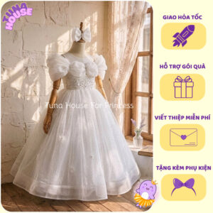 [𝐇𝐎̉𝐀 𝐓𝐎̂́𝐂][Sẵn 10-50kg] Váy đầm xoè công chúa thiết kế cho bé gái voan bèo vai dáng dài - Tuna House For Princess