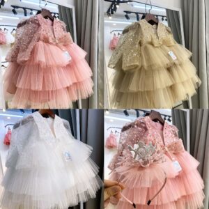 [𝐇𝐎̉𝐀 𝐓𝐎̂́𝐂] [Sẵn 10 -40kg] Váy đầm xoè công chúa thiết kế cho bé gái 3 tầng kim sa tay dài  - Tuna House For Princess