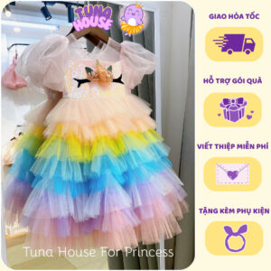 [𝐇𝐎̉𝐀 𝐓𝐎̂́𝐂][Sẵn 7-40kg] Váy đầm xoè công chúa thiết kế cho bé ngựa kì lân pony Unicorn kim sa - Tuna House For Princess