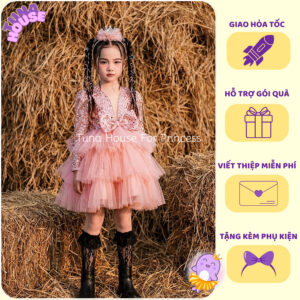 [𝐇𝐎̉𝐀 𝐓𝐎̂́𝐂] [Sẵn 9-40kg] Váy đầm xoè công chúa thiết kế cho bé gái kim sa dài tay hồng - Tuna House For Princess