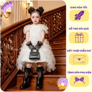[𝐇𝐎̉𝐀 𝐓𝐎̂́𝐂][Sẵn 7-40kg] Váy đầm xoè công chúa thiết kế cho bé gái tua rua trắng cá tính - Tuna House For Princess