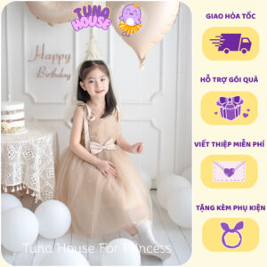 [𝐇𝐎̉𝐀 𝐓𝐎̂́𝐂] [Sẵn 7-40kg] Váy đầm xoè công chúa thiết kế cho bé gái 2 dây kết hạt màu nâu tây - Tuna House For Princess