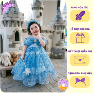 [𝐇𝐎̉𝐀 𝐓𝐎̂́𝐂][Sẵn 9-40kg] Váy đầm xoè hóa trang công chúa Elsa xanh bồng bềnh dài cho bé gái- Tuna House For Princess